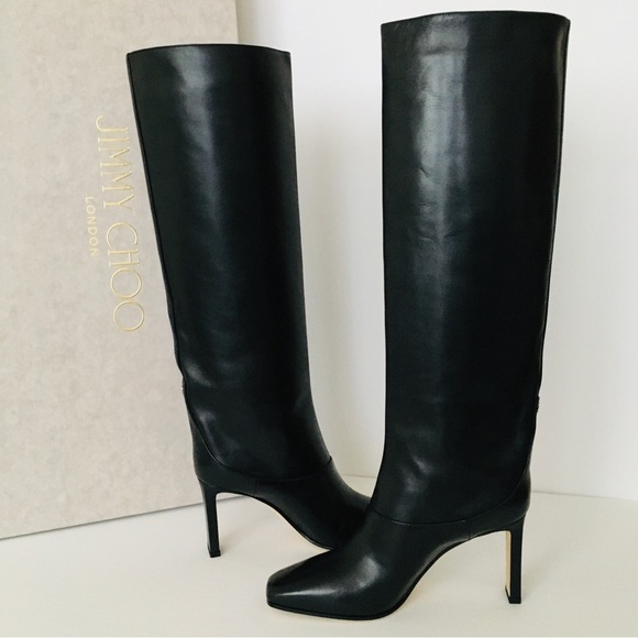 Jimmy Choo MAHESA 85 Square Heel Knee Hight Black Calf Leather Women’s B… - Picture 10 of 15